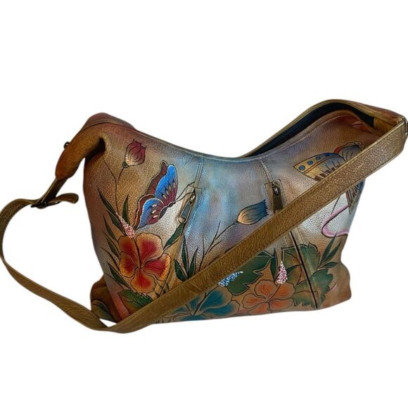 Anuschka Hand painted Leather Satchel Bag in Butterfly Floral - Picture 9 of 16